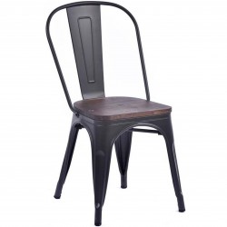 Tolix Style Side Chair with Wooden Seat -Gunmetal