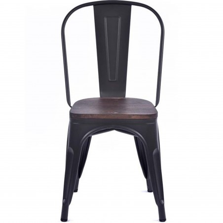 Tolix Style Side Chair with Wooden Seat -Gunmetal Front View
