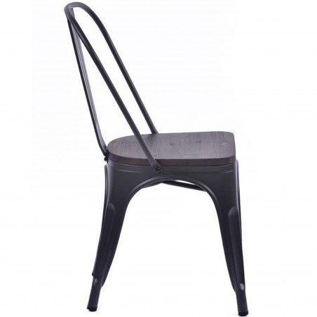 Tolix Style Side Chair with Wooden Seat -Gunmetal Side View