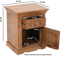 Artwork Carved Mango Wood Bedside Cabinet - dimensions