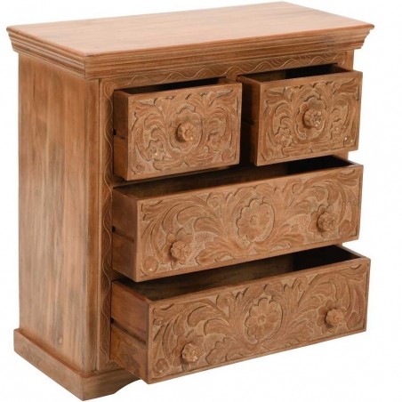 Artwork Carved Mango Wood Four Drawer Chest Open Drawers