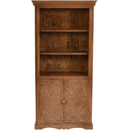 Artwork Carved Mango Wood Large Bookcase Front View