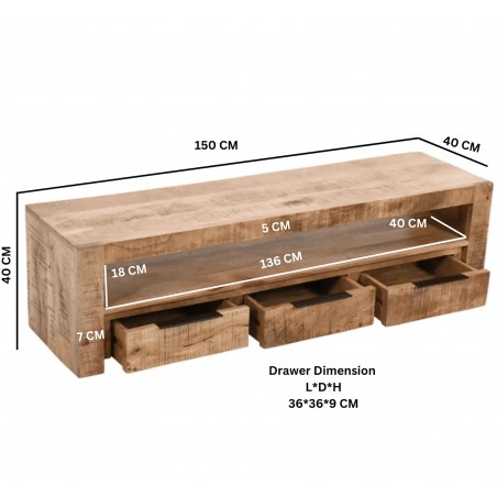 Surrey Mango Wood Three Drawer TV Cabinet Dimensions