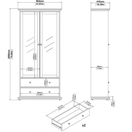 Marlow Two Drawer Two Door Display Cabinet - Dimensions 1