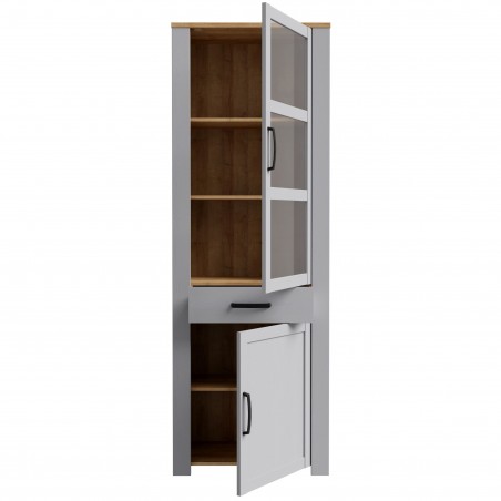 Bohol Two Door One Drawer Display Cabinet - Oak/Grey Open Front View