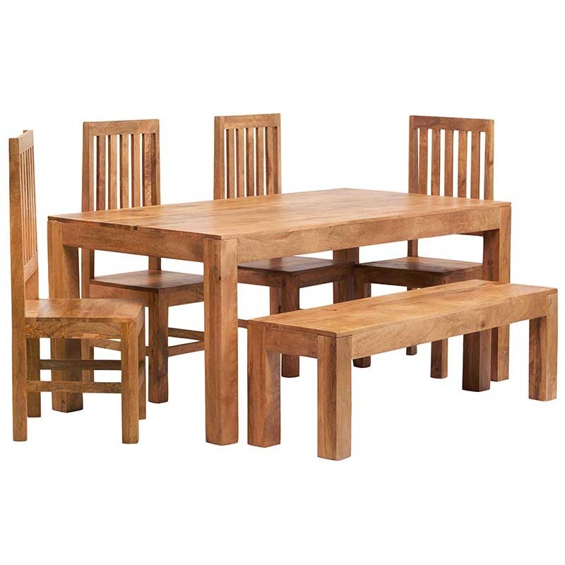 Bidar Light Mango 6FT Dining Set With Bench & 4 Slatted Chairs, white background