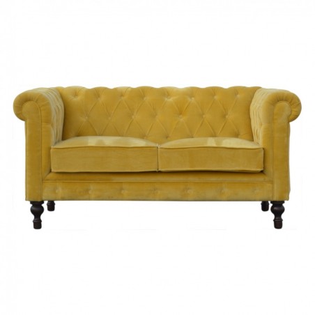 Velvet 2 Seater Chesterfield Sofa - Mustard Front View