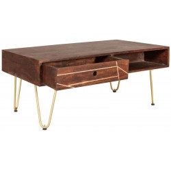 Tanda Dark Gold Rectangular Coffee Table, open drawer detail