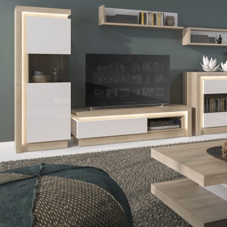Darley 1 Drawer TV Cabinet With Open Shelf in light oak and white gloss, room shot 1