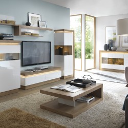 Darley 1 Drawer TV Cabinet With Open Shelf in light oak and white gloss, room shot 2