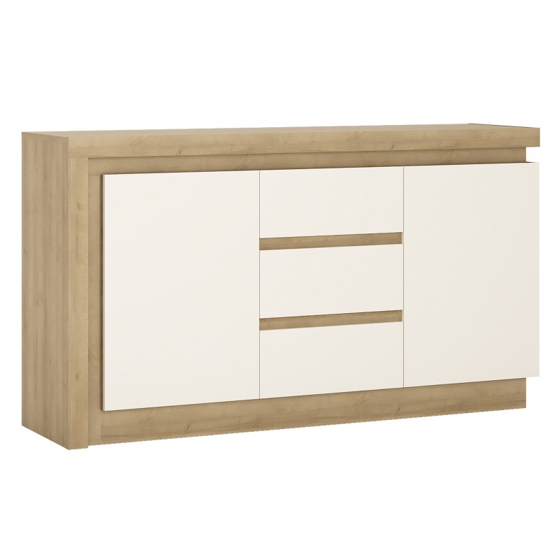 Darley 2 Door 3 Drawer Sideboard in light oak and white gloss, angle view