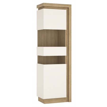 Darley Tall Narrow Display Cabinet (LHD) in light oak and white gloss, angle view