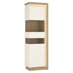 Darley Tall Narrow Display Cabinet (LHD) in light oak and white gloss, lit detail