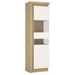 Darley Tall Narrow Display Cabinet (RHD) in light oak and white gloss, angle view