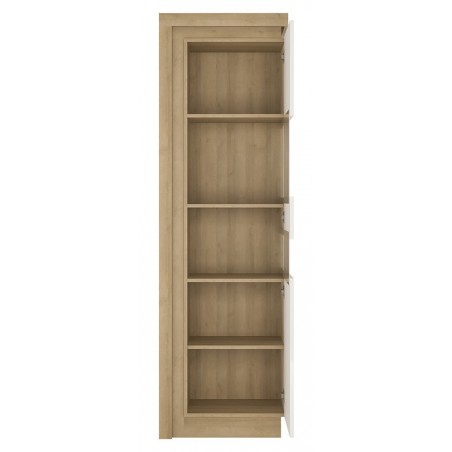 Darley Tall Narrow Display Cabinet (RHD) in light oak and white gloss, open door detail