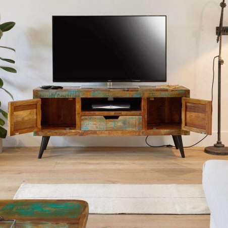 Malvan reclaimed wood widescreen tv cabinet cupboard doors open