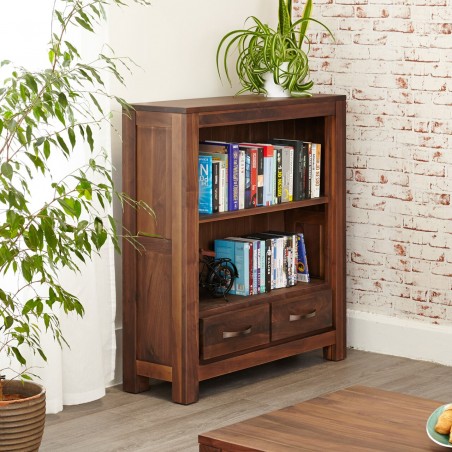 Panaro Two Drawer Walnut Bookcase angled view closed drawer