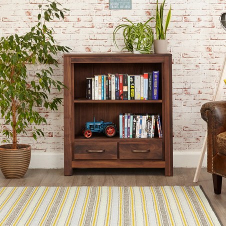 Panaro Two Drawer Walnut Bookcase front view closed drawer