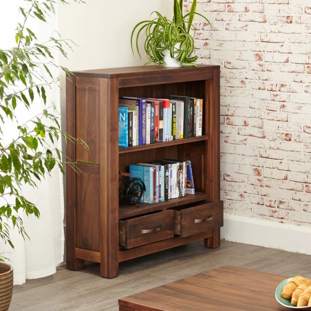 Panaro Two Drawer Walnut Bookcase angled view open drawer