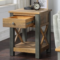 Urban Elegance Reclaimed Lamp Table With Drawer Open mood shot