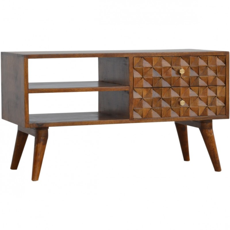 Chester  Cube Carved Two Drawer Media Unit - Chestnut Diamond Angled View