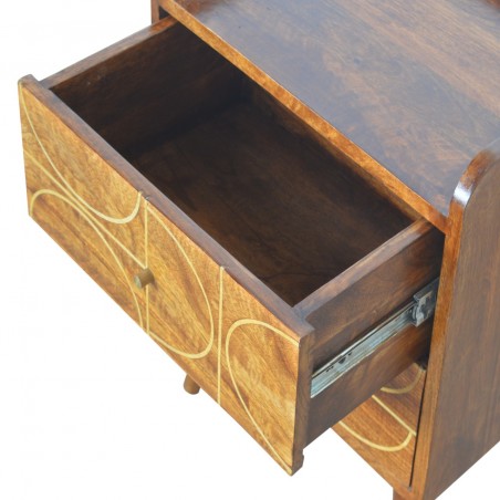 Chester Gold Inlay Abstract Two Drawer Bedside Table -  Open Drawer Detail