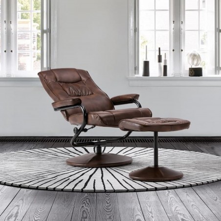 Sloan Swivel Chair and Footstool in tan, reclined mood view