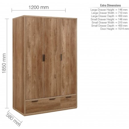 Egdon 3 Door Wardrobe in rustic oak, dimensions