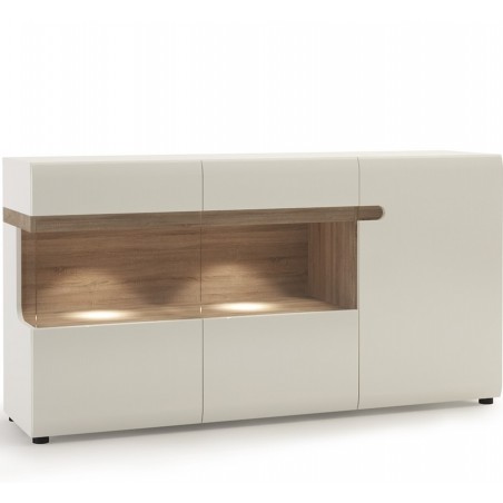 Charlton 3 Door Glazed Sideboard, angle view with lights