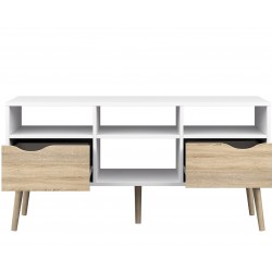 Asti Wide TV Unit in White and Oak Front View Drawers Open