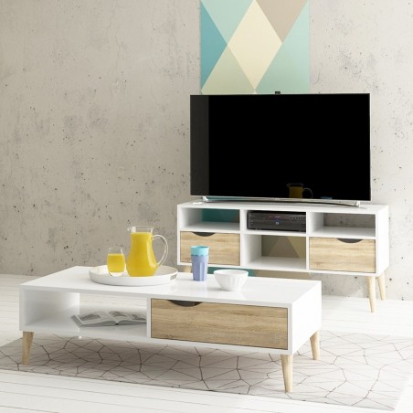 Asti Wide TV Unit in White and Oak Front View Room Shot 2