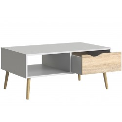 Asti Coffee Table in White and Oak, Angle view with open drawer