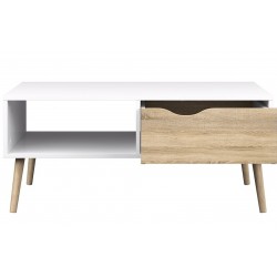 Asti Coffee Table in White and Oak, Front view with open drawer