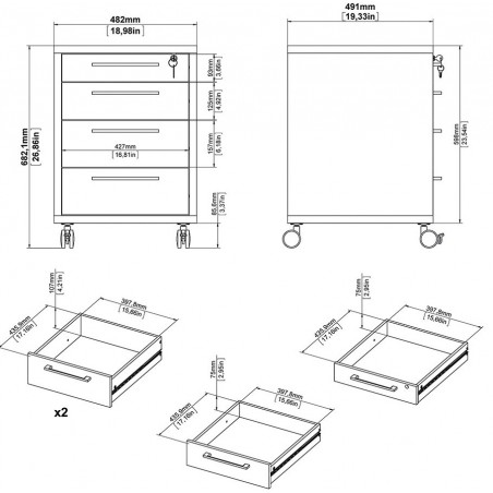 Prima 4 Drawer Mobile File Cabinet - Dimensions 1