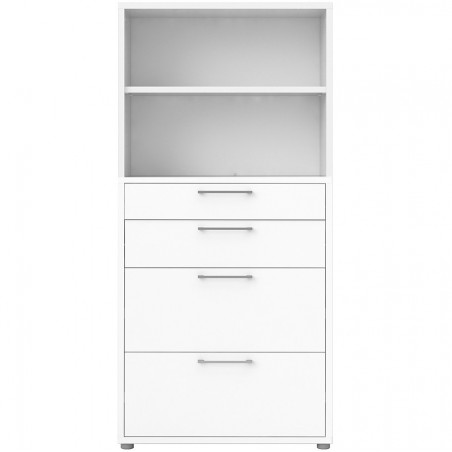 Bookcase  4 Shelves with 2 Drawers & 2 File Drawers - White Front View