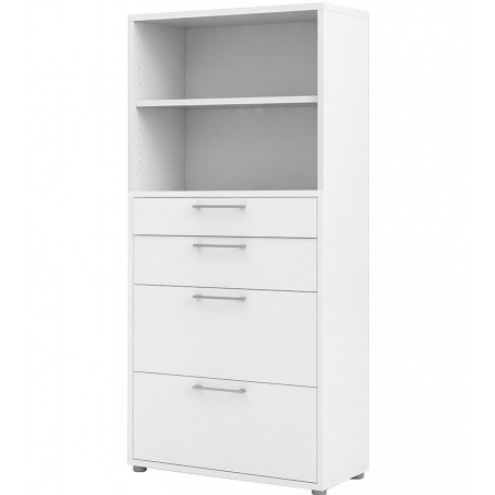 Bookcase  4 Shelves with 2 Drawers & 2 File Drawers - White Angled View