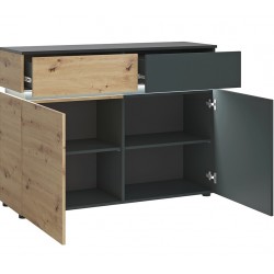 Luci Two Door & Two Drawer Cabinet with LED Lighting - Oak & Platinum Open