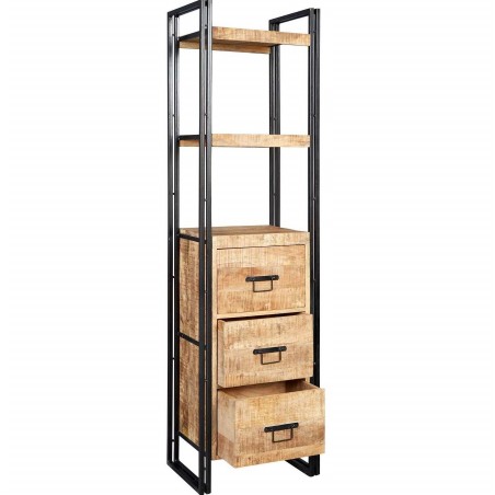 Kinver Industrial Slim Bookcase With Drawers Open drawers