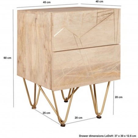 Tanda Light Gold 2 Drawer Side Table - Dimensions