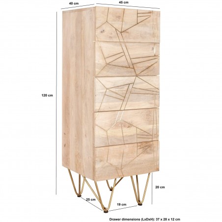 Tanda Light Gold Tall Chest of Drawers - Dimensions
